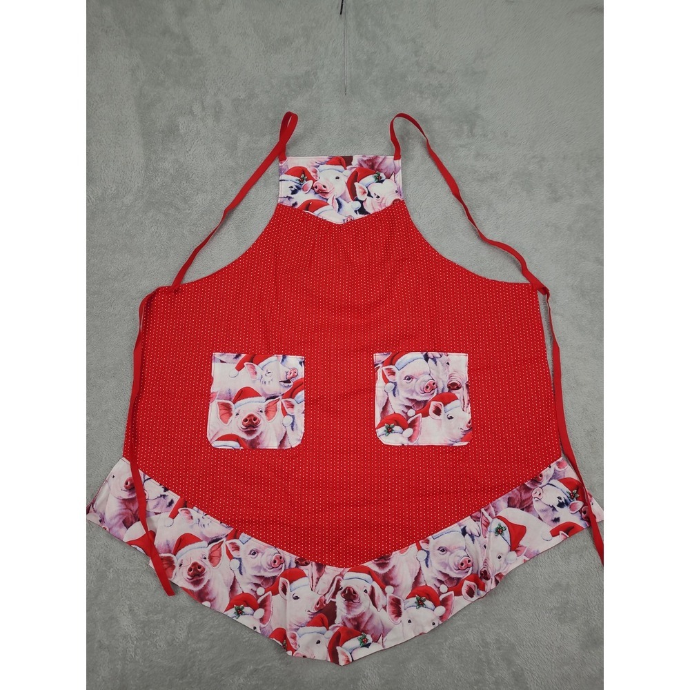 Handmade Apron Pigs In Christmas Santa Hat Poka‎ Dots Adjustable